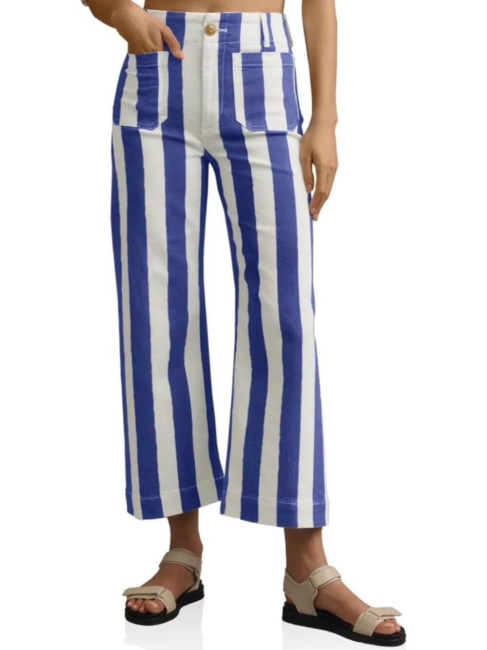 Women's Navy Cropped Striped Jeans High Waisted Wide Leg Denim Pants